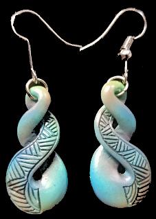 NZ Bone Carved Hand Painted Twist Earrings 30 mm