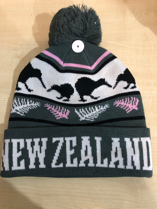 NZ Beanie - New Zealand Beanie Kiwi Fern Grey & Pink