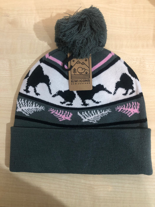 NZ Beanie - New Zealand Beanie Kiwi Fern Grey & Pink