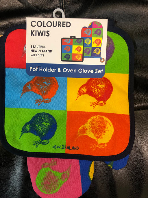 NZ Potholder & Oven Glove Set - Coloured Kiwis