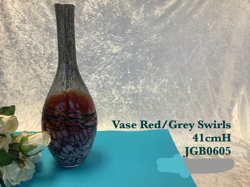 JGB - Glass Vase - Red and Grey Swirls 41cm
