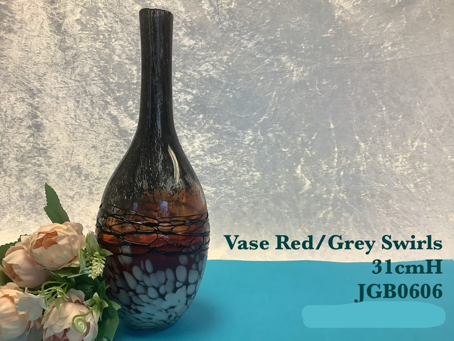 JGB - Glass Vase - Red and Grey Swirls 31cm