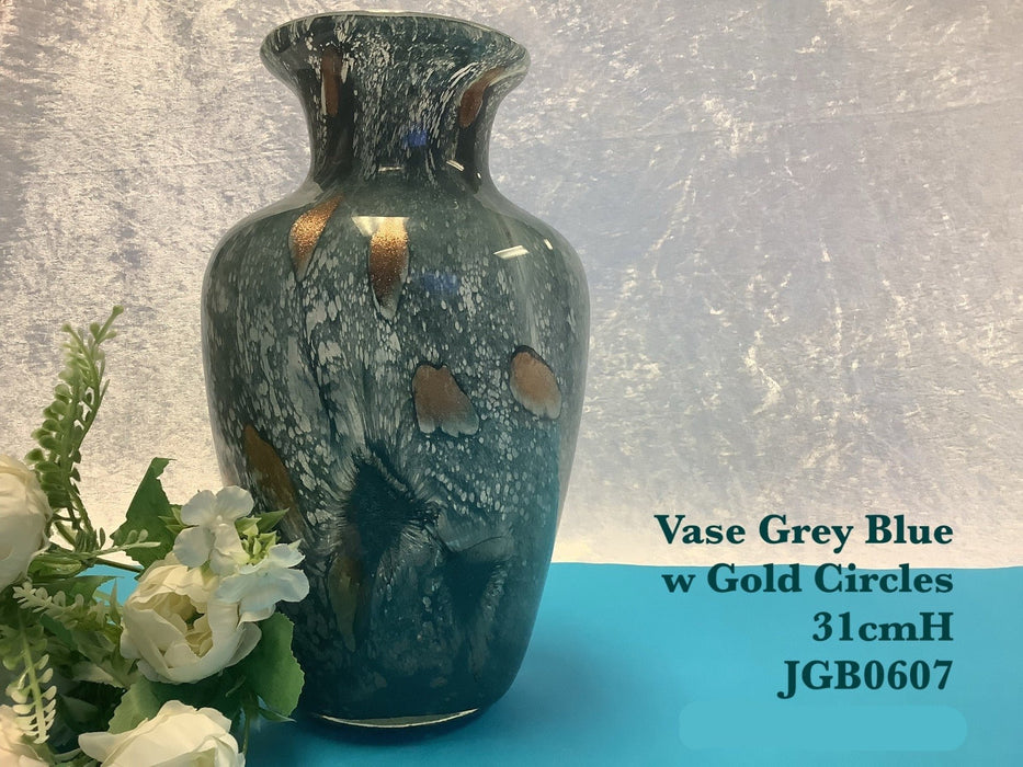 JGB - Glass Vase - Grey Blue with Gold Circles 31cm