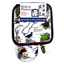 NZ Pot Holder & Oven Glove Set - Birds & Flower