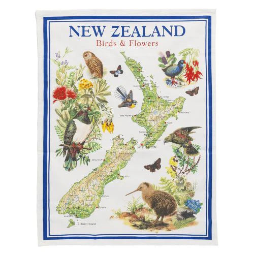 NZ Map Birds & Flowers
