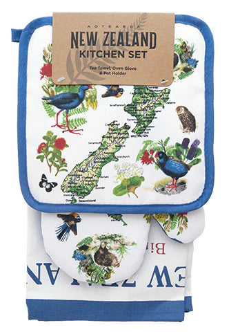 NZ Pot Holder, Oven Glove & Tea Towel Set - Birds & Flowers