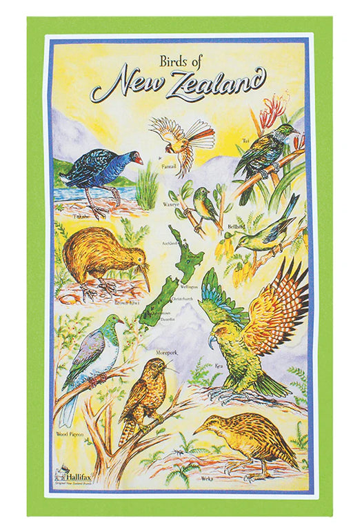 NZ Tea Towel - Birds of New Zealand green border