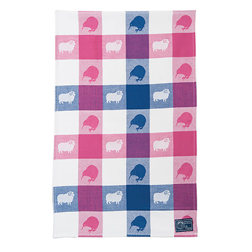 NZ Tea Towel - Jacquard Kiwi & Sheep Pink/Blue