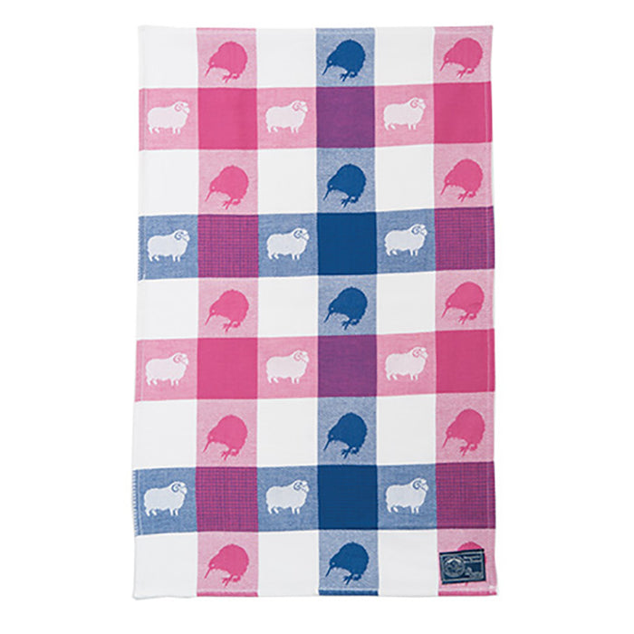 NZ Tea Towel - Jacquard Kiwi & Sheep Pink/Blue
