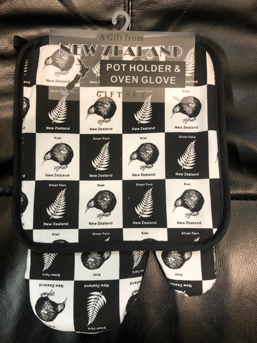 NZ Pot Holder & Oven Glove Set - Fern & Kiwi Grid