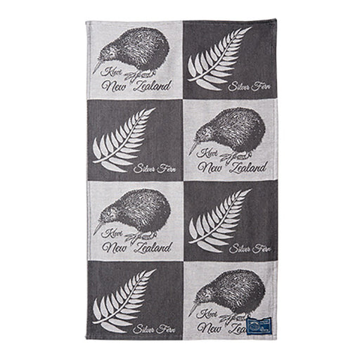 NZ Tea Towel - Jacquard Silver Fern on Grey Kiwi & Fern Grid