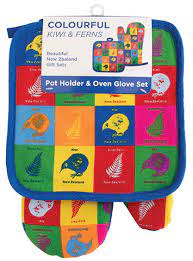 NZ Pot Holder & Oven Glove Set - Pop Art Fern & Kiwi