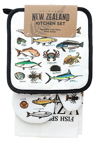 NZ Potholder, Oven Glove & Tea Towel Set - Fish of NZ