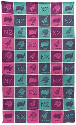 NZ Tea Towel - Jacquard 4 Icons Green/Purple