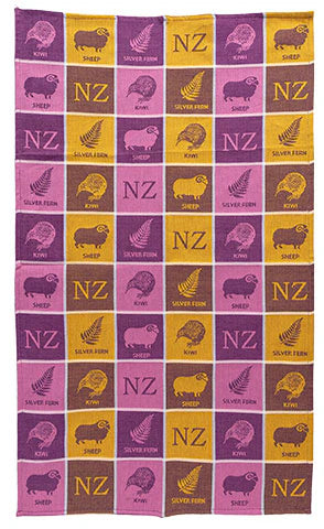 NZ Tea Towel - Jacquard 4 Icons Orange/Purple