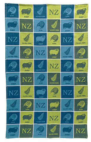 NZ Tea Towel - Jacquard 4 Icons Blue/Lime