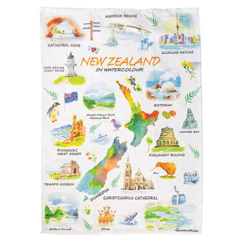 NZ Tea Towel - New Zealand in Watercolour