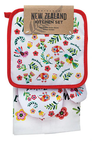 NZ Potholder, Oven Glove & Tea Towel Set - Manu White