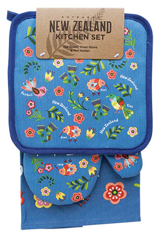 NZ Potholder, Oven Glove & Tea Towel Set - Manu Blue