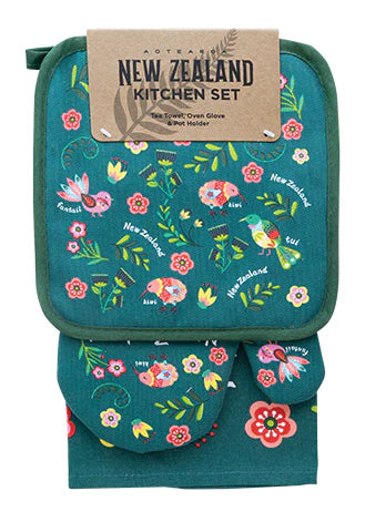 NZ Potholder, Oven Glove & Tea Towel Set - Manu Green