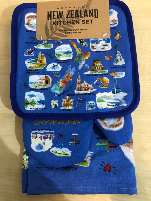 NZ Potholder, Oven Glove & Tea Towel Set - Water Colour Blue