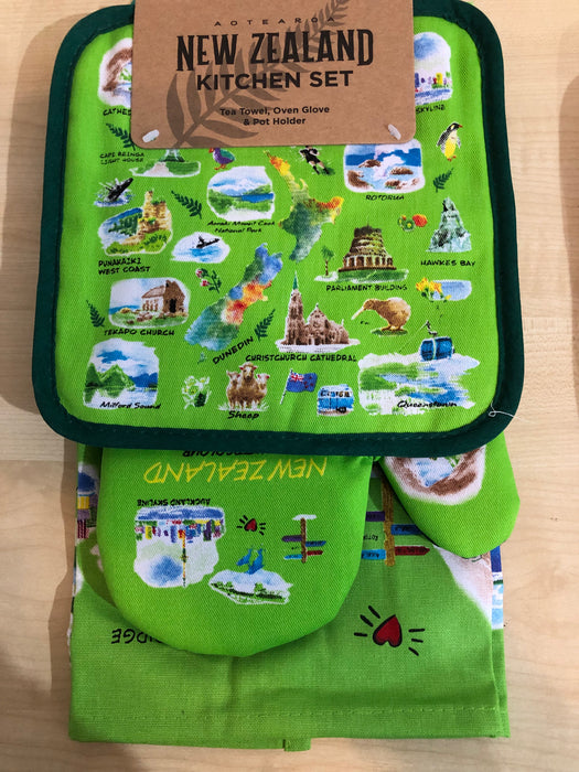 NZ Potholder, Oven Glove & Tea Towel Set - Water Colour Green