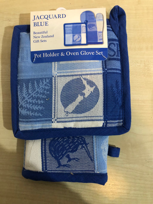 NZ Pot Holder & Oven Glove Set - Jacquard Blue