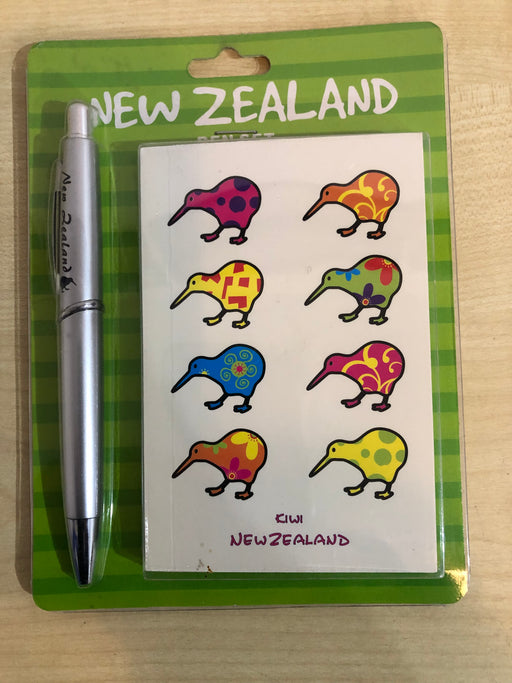 NZ Pen and Notebook Set - Cream with Colourful Kiwi Design (on green card)