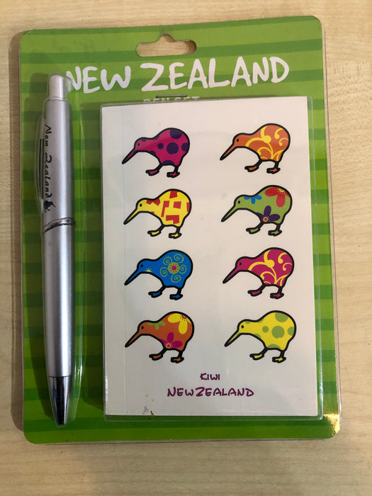NZ Pen and Notebook Set - Cream with Colourful Kiwi Design (on green card)