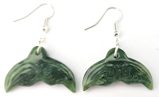 NZ Greenstone Earrings - Carved Whale Tail 18mm