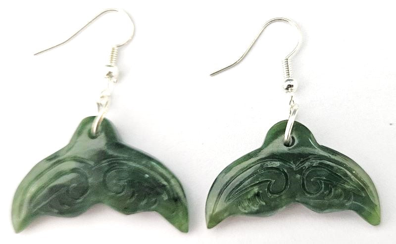 NZ Greenstone Earrings - Carved Whale Tail 18mm