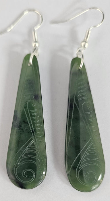 NZ Greenstone Earrings - Carved Tear Drop 45mm