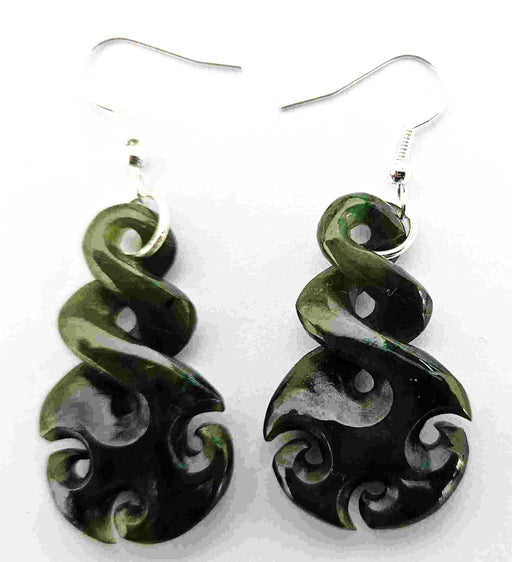 NZ Greenstone Earrings - Carved Double Twist 35mm