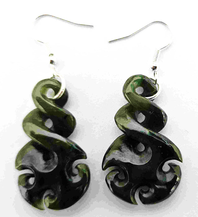NZ Greenstone Earrings - Carved Double Twist 35mm