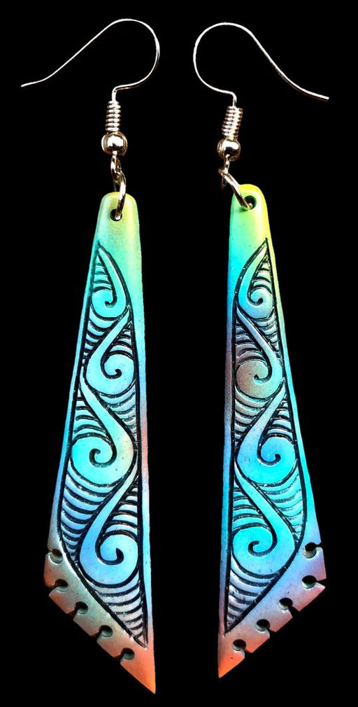 NZ Bone Carved Hand Painted Earrings 65 mm
