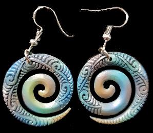 NZ Bone Carved Hand Painted Spiral Earrings 25 mm