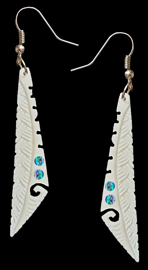 NZ Bone Carved Earrings with Paua 55 mm