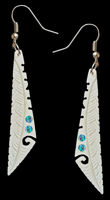 NZ Bone Carved Earrings with Paua 55 mm