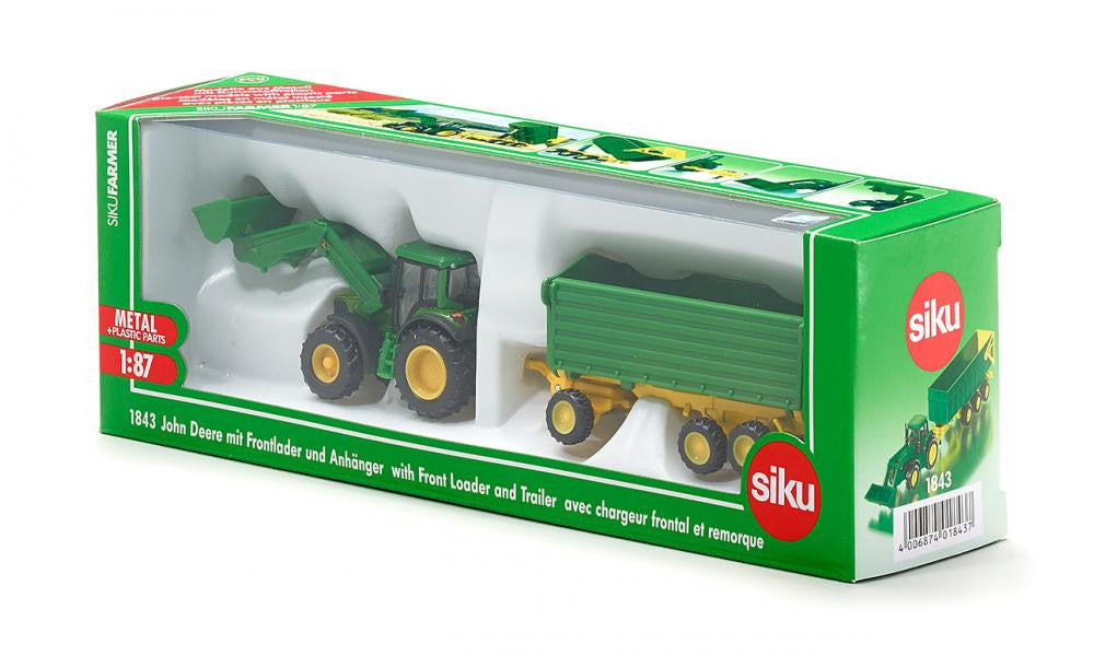 Siku 1843 Farmer - 1:87 John Deere Tractor with Front Loader and Trailer