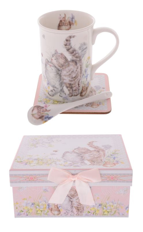 Three Piece Set: Coffee Mug, Spoon & Coaster - Cute Kittens