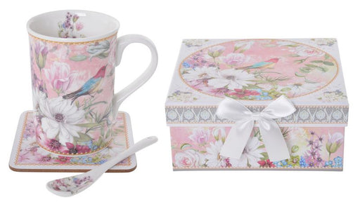 Three Piece Set: Coffee Mug, Spoon & Coaster - Floral Garden