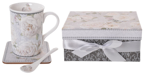 Three Piece Set: Coffee Mug, Spoon & Coaster - White Rose