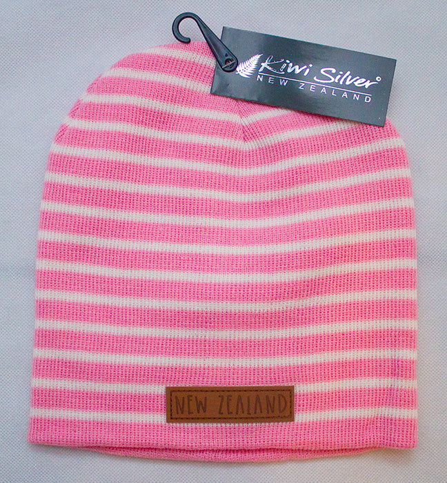 Kiwi Silver - Striped New Zealand Beanie (Pink/White)