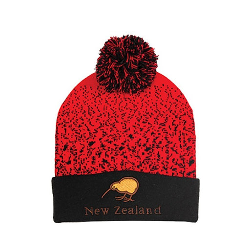 Kiwi Silver Beanie - Red and Black Fleck with Pompom and Kiwi