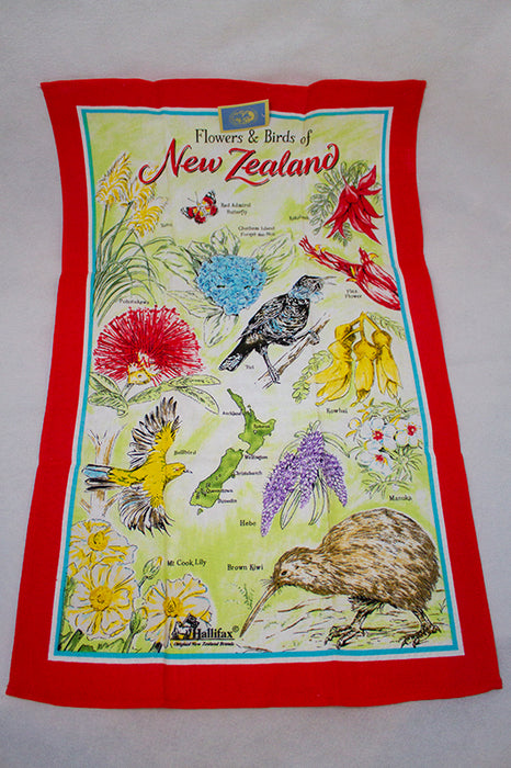 NZ Tea Towel - NZ Flowers & Birds Red