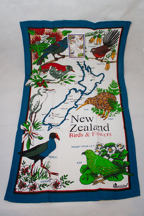 NZ Tea Towel - NZ Birds & Flowers Blue