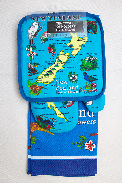 NZ Tea Towel, Pot Holder and Oven Glove Gift Set - Blue NZ Map