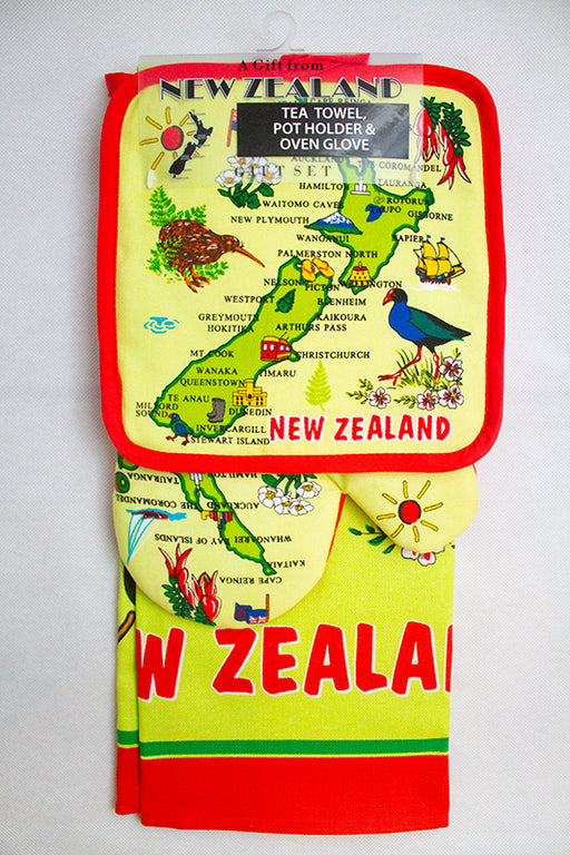 NZ Tea Towel, Pot Holder and Oven Glove Gift Set - Green NZ Map