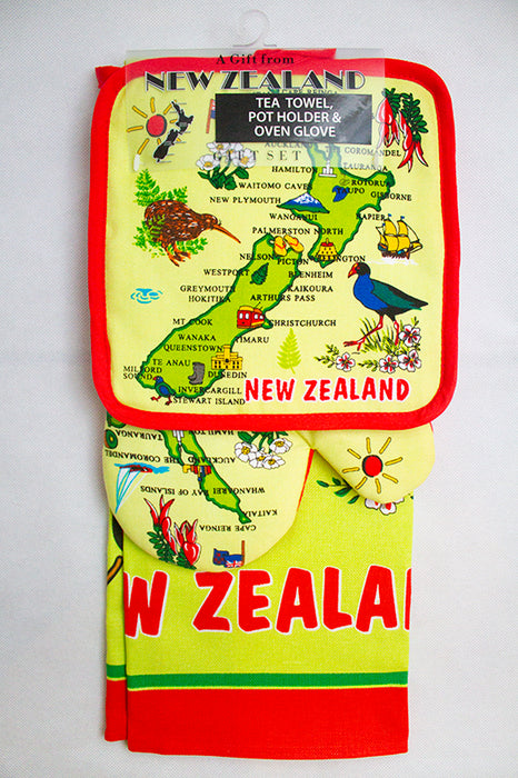 NZ Tea Towel, Pot Holder and Oven Glove Gift Set - Green NZ Map