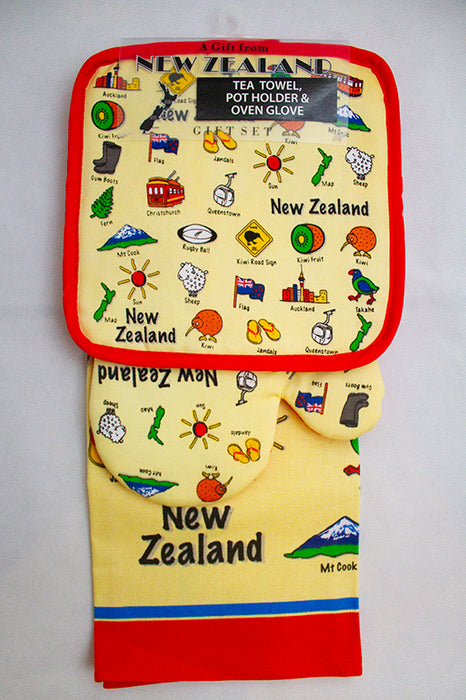 NZ Tea Towel, Pot Holder and Oven Glove - NZ Icons Gift Set